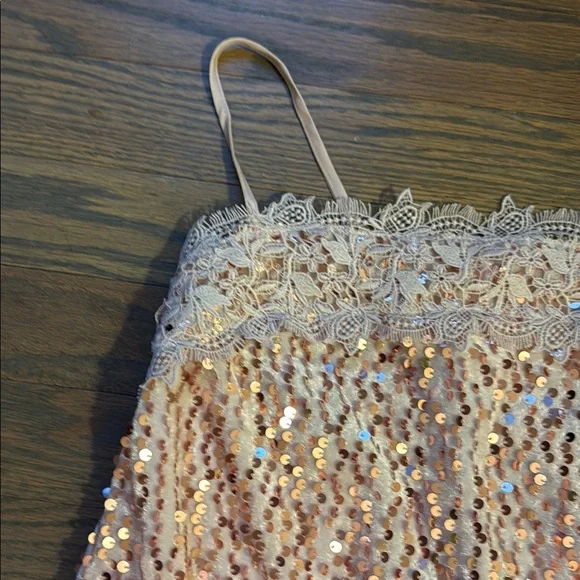 Free People Pale pink Sequin Lace Trim Spaghetti Strap Mini dress - Picture 2 of 4